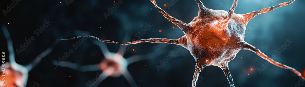 Poster quantum computing education concept. a close-up view of neurons, showcasing their intricate structur