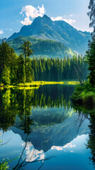 Pristine Mountain Lake Reflecting Lush Forests Under Clear Blue Sky, Capturing Pure Natural Beauty