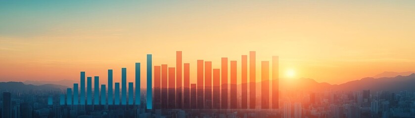 Fototapeta premium A beautiful sunset over a city skyline with bar graphs symbolizing growth.