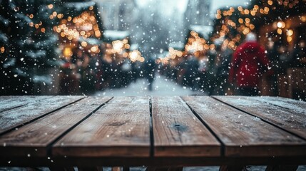 Obraz premium Wooden table during snowfall on a christmas market