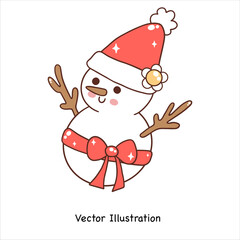 Groovy Christmas Snowman with Coquette Bow. Vector illustration