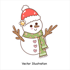 Groovy Christmas Snowman with Coquette Bow. Vector illustration.