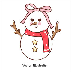 Groovy Christmas Snowman with Coquette Bow. Vector illustration.