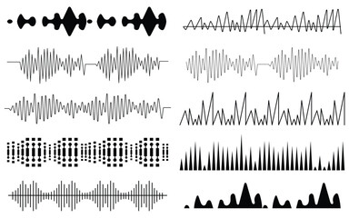 Set of sound waves, equalizer, music wave, digital and analog line waveforms. Audio sound symbol, radio signal frequency and digital voice visualisation wave. Radar signal, sonar sound recording icons