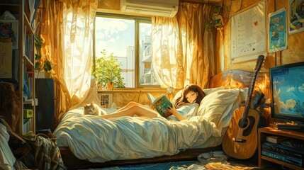 A girl is lying on the bed, reading in her bedroom with an air conditioner and window open. There's a cat sleeping beside her, and there was also her 
