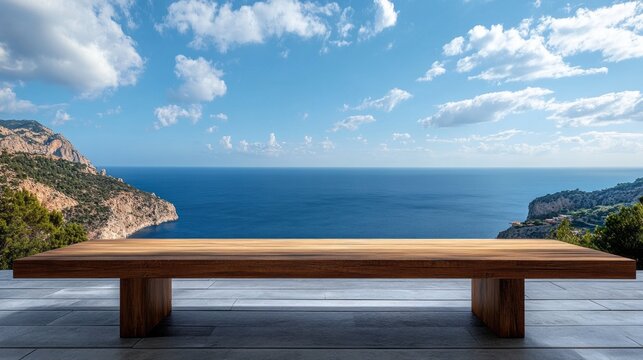 A wooden bench overlooking the ocean with a clear blue sky