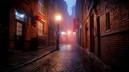Fototapeta premium A lone streetlamp glowing in a foggy urban alley at night.
