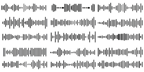 Set of sound waves, equalizer, music wave, digital and analog line waveforms. Audio sound symbol, radio signal frequency and digital voice visualisation wave. Radar signal, sonar sound recording icons