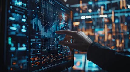A hand controls a floating screen that displays a curve-fold diagram of a virtual currency exchange with a realistic, techno