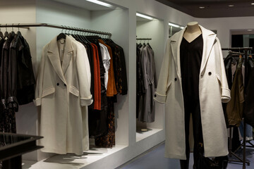 Fashionable women's autumn clothes in the store. Stylish coats.