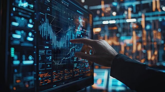 A hand controls a floating screen that displays a curve-fold diagram of a virtual currency exchange with a realistic, techno