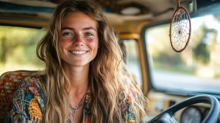 A cheerful young woman with a carefree bohemian style sitting inside a vintage van, featuring a hanging dreamcatcher and bright natural light.