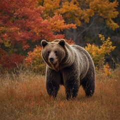 Fototapeta premium A bear in a meadow during fall, surrounded by fiery orange and red foliage.