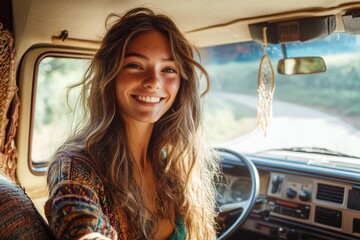 Smiling young woman with a bohemian vibe inside a retro van, surrounded by natural light and scenic countryside views.