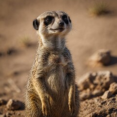 Fototapeta premium A meerkat standing alert in an arid plain.