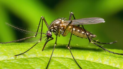 Fototapeta premium Close-Up View of a Mosquito Perched on a Leaf, Displaying Intricate Details of its Body Structure, Natural Habitat, and Environment in Vibrant Green Background