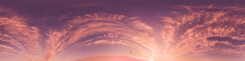 Sunset sky with bright glowing pink Cirrus clouds. Seamless spherical HDR 360 panorama. Full zenith or sky dome in 3D, sky replacement for aerial drone panoramas. Climate and weather change.