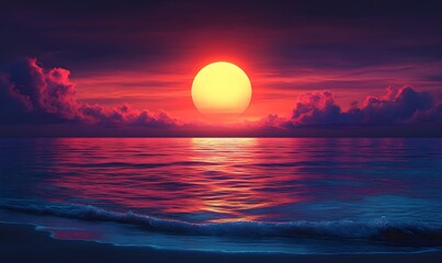 Fototapeta premium A sunset at the beach with the sun setting over the sea in shades of orange and blue