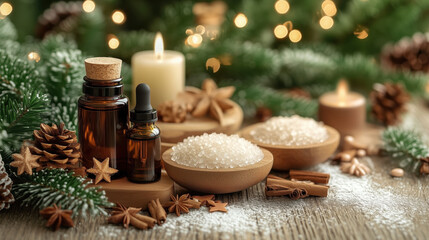beautifully arranged spa table with essential oils and candles
