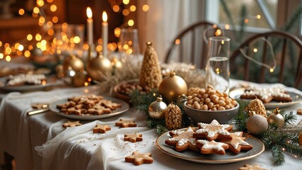 Festive Christmas Table Setting, Golden & Silver Decor, Gingerbread Cookies