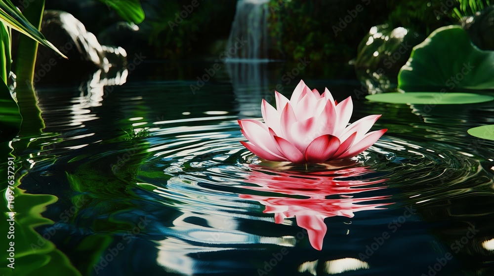 Poster a single lotus flower floating on calm water with soft ripples