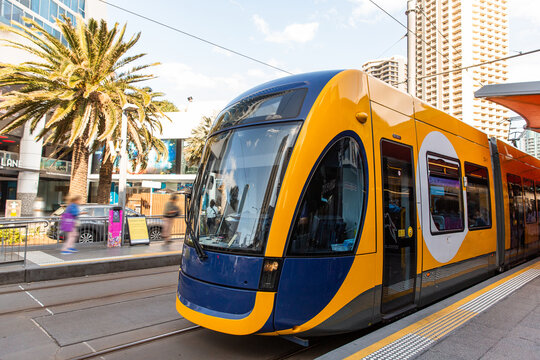 Gold Coast tram stopped at a platform