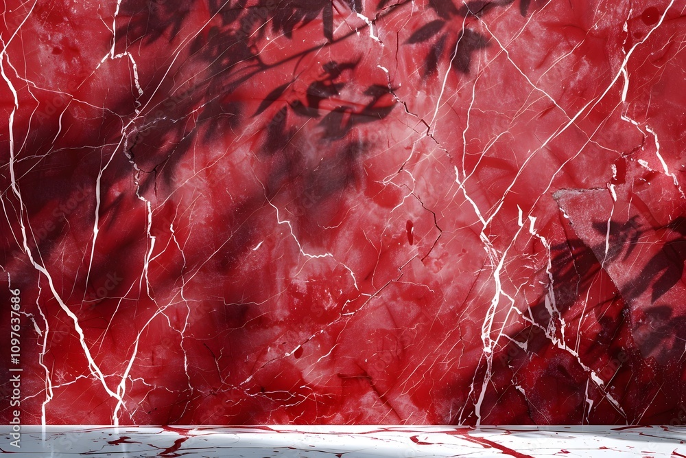 Poster a textured red marble surface with white veining and shadow patterns.