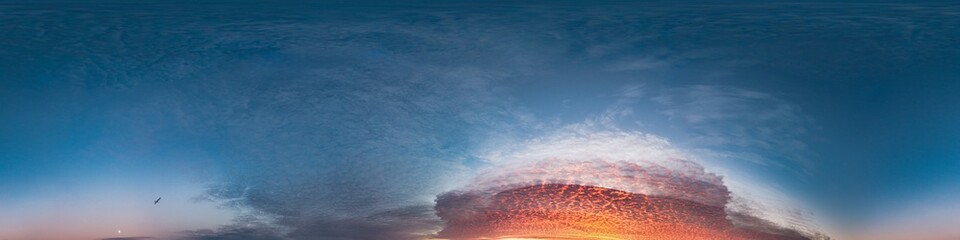 Fototapeta premium Red burning sunset sky panorama with Cumulus clouds. Seamless hdr 360 pano in spherical equirectangular format. Sky dome or zenith for 3D visualization, sky replacement for aerial drone panoramas