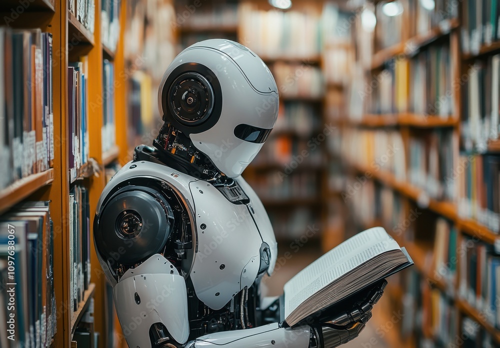 Poster a futuristic robot engaged in reading a book inside a library surrounded by bookshelves filled with 