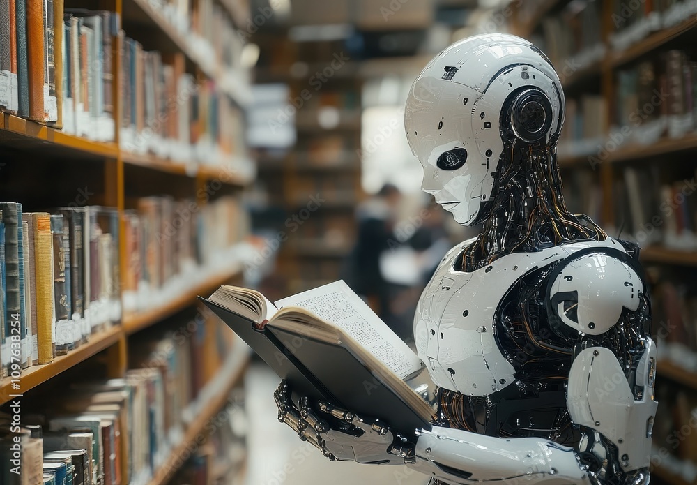 Poster a humanoid robot reading a book in a modern library filled with bookshelves, symbolizing the interse