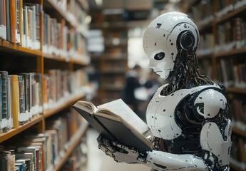 Fototapeta premium A humanoid robot reading a book in a modern library filled with bookshelves, symbolizing the intersection of technology and education in the digital age