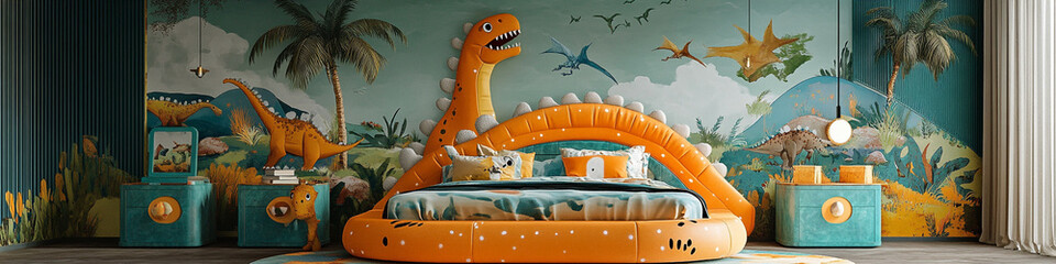 Cheerful bedroom with a dinosaur theme, including a dino-shaped bed, playful murals, and vibrant decor. Ideal for young paleontologists and adventurers