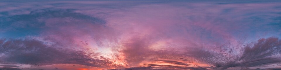 Sunset sky with bright glowing pink Cumulus clouds. Seamless spherical HDR 360 panorama. Full zenith or sky dome in 3D, sky replacement for aerial drone panoramas. Climate and weather change.