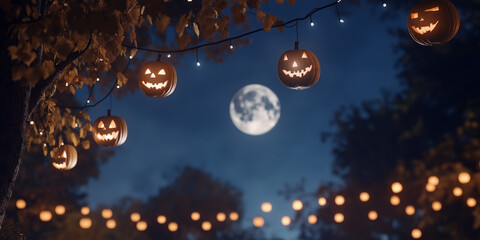 A spooky Halloween setting featuring carved pumpkins illuminated by string lights under a full moon, creating a mysterious and festive nighttime ambiance.
