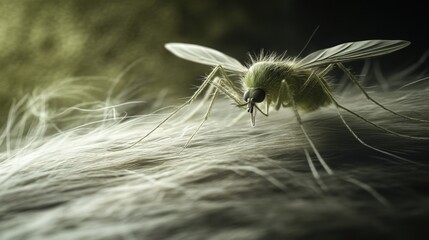 Close-Up of a Mosquito Resting on Soft Fabric with a Lush Textured Background, Capturing Intricate Details of Its Body and Wings in a Serene Setting