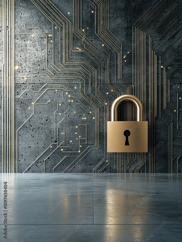 Poster abstract padlock on circuit lines in concrete interior with mock up place. privacy and technology co