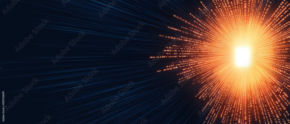 Poster quantum computing education concept. a bright, radiant burst of light emanates from a central point,