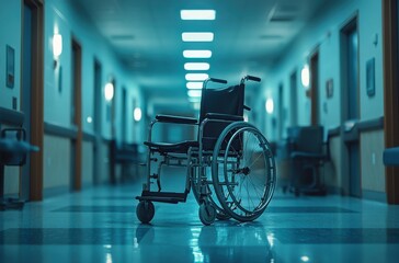 Abandoned wheelchair in a dimly lit hospital corridor, highlighting the emptiness and stillness of a medical environment, evoking emotions and reflections on patient care and recovery.