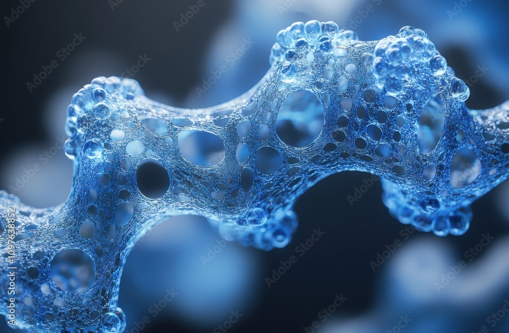 Poster abstract representation of a 3d molecular structure with blue bubbles and web-like texture on a soft