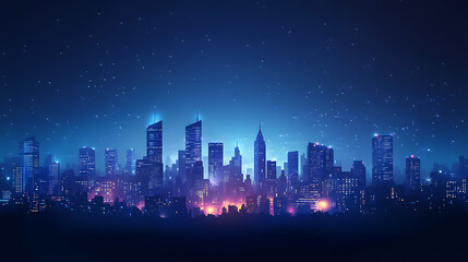A panoramic view of a bustling cityscape at night, with lights from tall buildings and streets creating a glowing silhouette of the skyline 