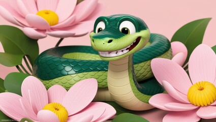 Fototapeta premium Amidst soft pink flowers on a pink background a kind green snake . Symbol of the year 2025 