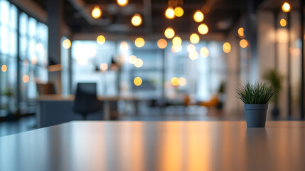 Stylish office interior with blurred background and modern decor featuring a small plant