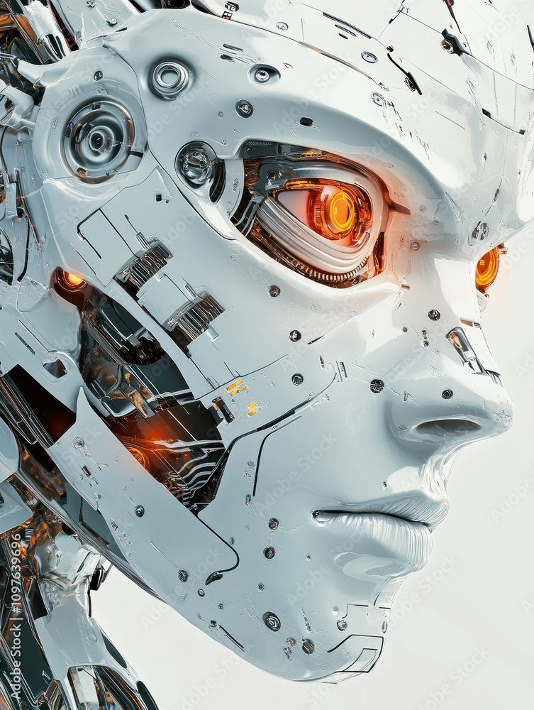 Poster artificial intelligence concept. robot face, digital ai science machine background. technology futur