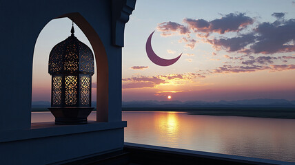 beautiful sunset view featuring decorative lantern and crescent moon, symbolizing peace and tranquility during Ramadan. serene landscape reflects essence of Eid celebrations