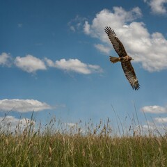 Naklejka premium A hawk soaring above a field where rabbits dart through the grass.