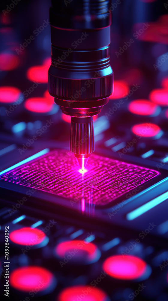 Poster quantum computing education concept. a close-up of a laser precision tool marking a microchip, surro