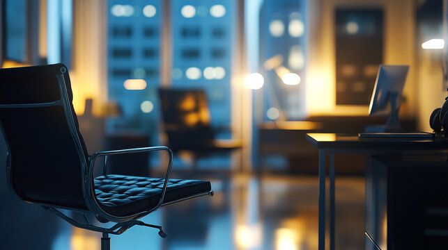 Office interior with modern furniture and warm lighting at dusk