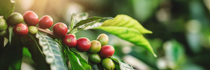 Close-up of ripe and unripe coffee berries thriving on a branch, basking in sunlight and symbolizing growth, energy, and the pleasures of daily rituals.