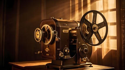 film projector glowing in a dark room, .