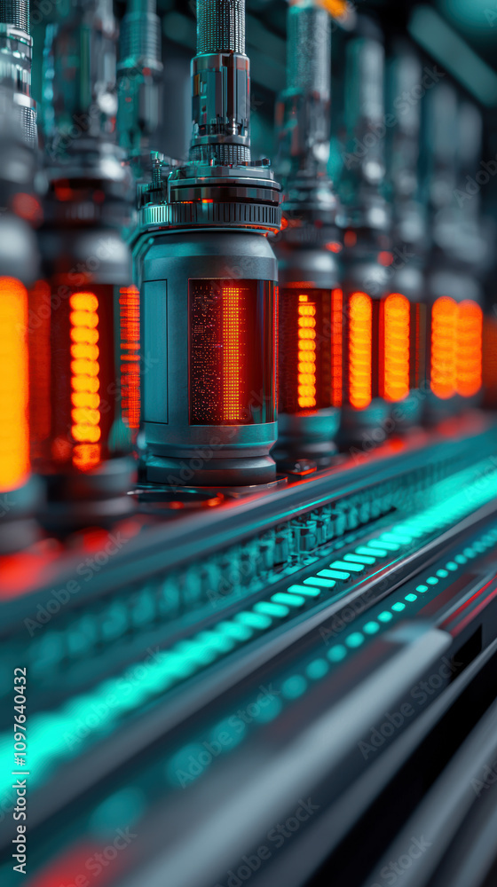 Poster quantum computing education concept. a close-up view of glowing vials arranged in a row, showcasing 